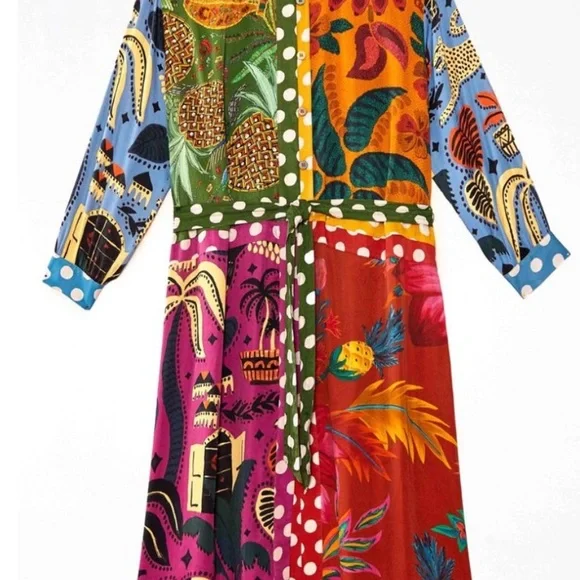 FARM RIO Earth Rainbow Long Sleeve Shirtdress Multicolor Size L - Picture 4 of 8